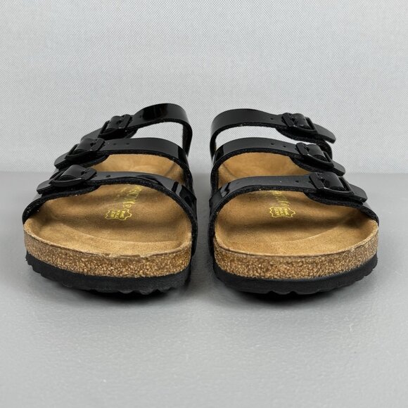 Birkenstock Florida Sandals Women 38 US 7 Black Patent Birko Flor 3 Strap Slides - Picture 2 of 11